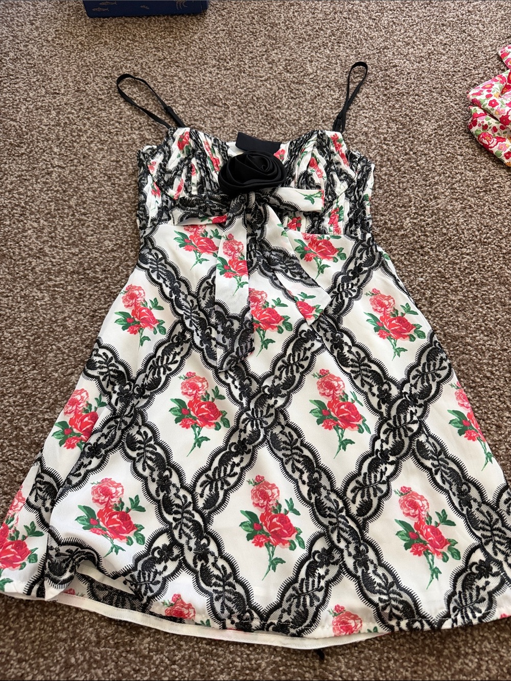 For Love & Lemons White Floral Mini Dress with Black Lace Overlay